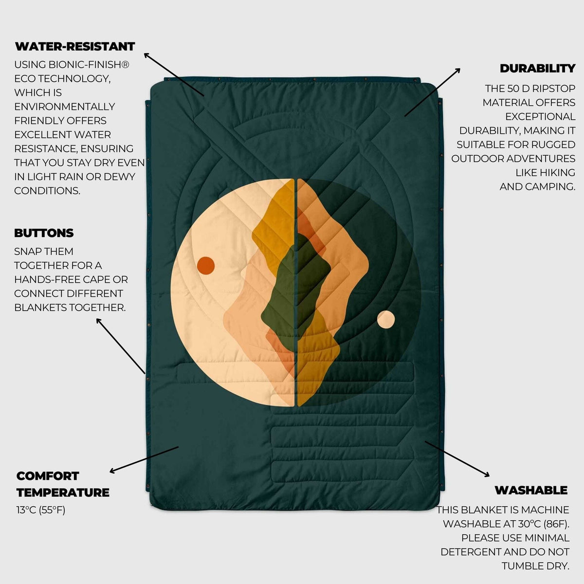 VOITED Recycled Ripstop Outdoor Camping Blanket - Day & Night