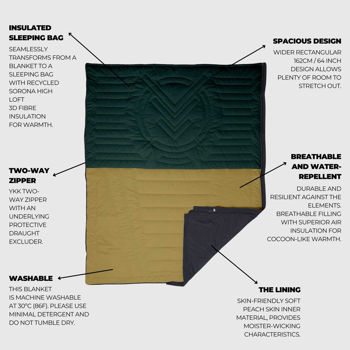 VOITED Slumber Zip Sack Blanket - Green Gabels / Dusty Sand