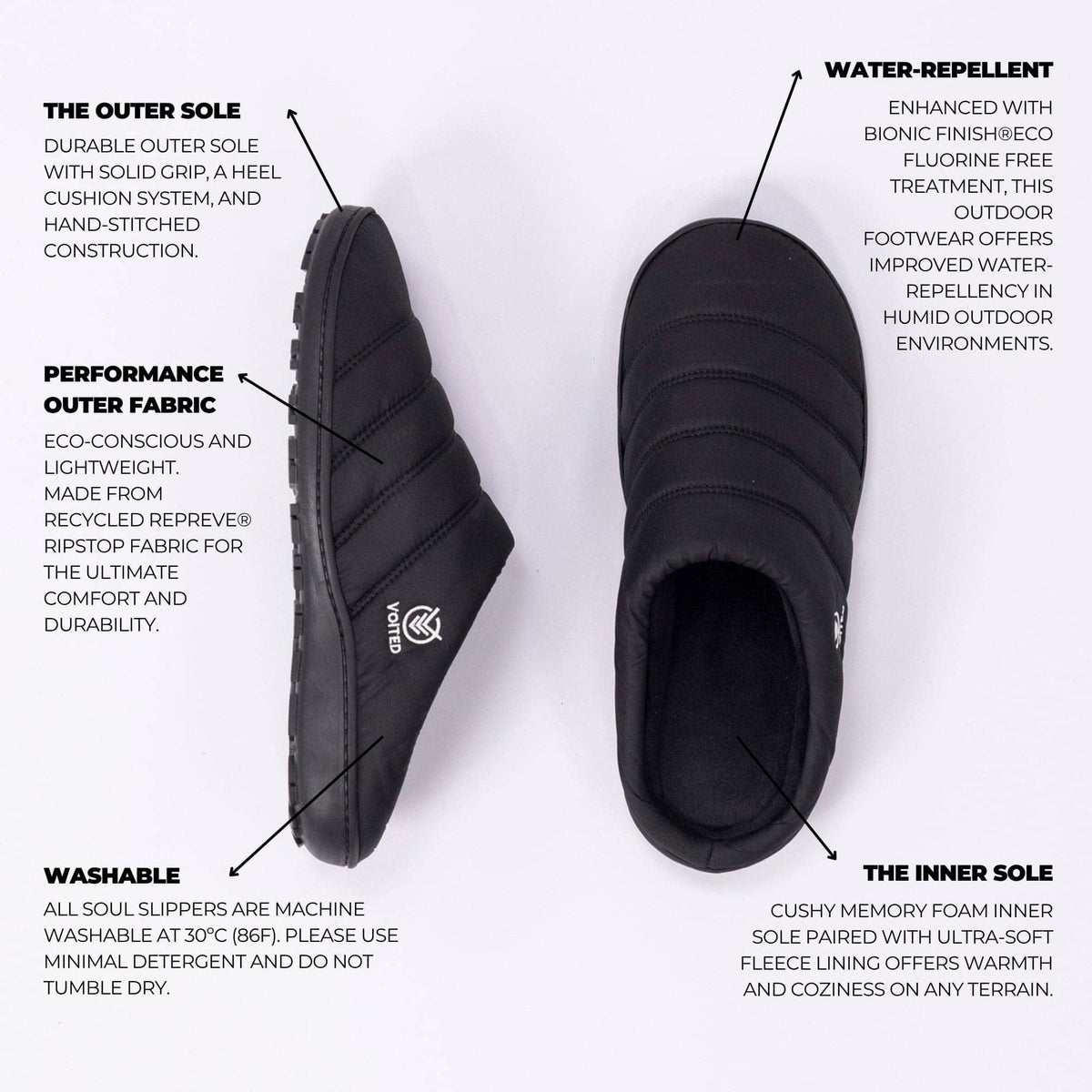 VOITED Soul Slipper - Lightweight, Indoor/Outdoor Camping Slippers - Black