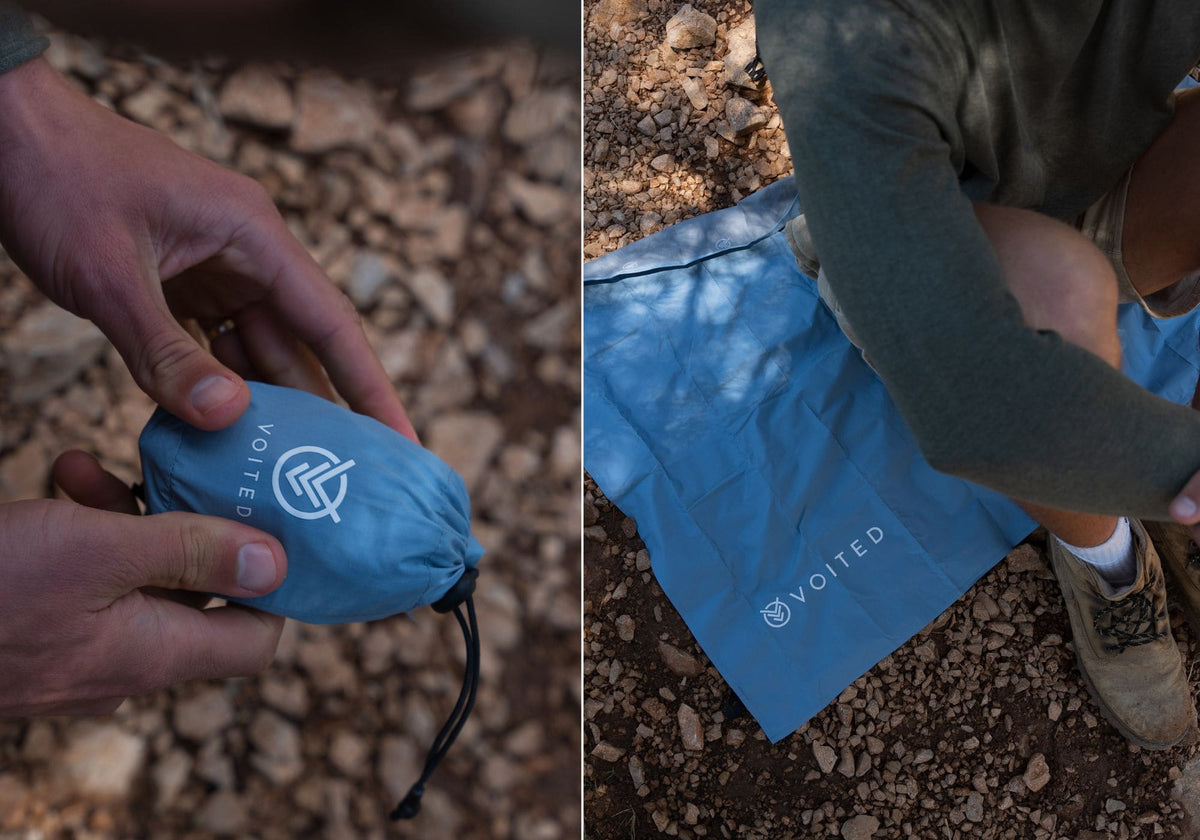A split-screen lifestyle photo showing a light blue Voited drawstring pouch being held by hands on the left, and laid on rocky ground next to a person's leg on the right. The pouch features the white Voited logo.