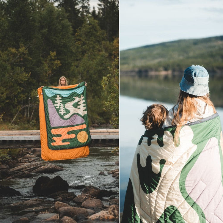 Woman holding up VOITED Cloudtouch blankets by a forest stream, and a woman and child wrapped in one by a lake.
