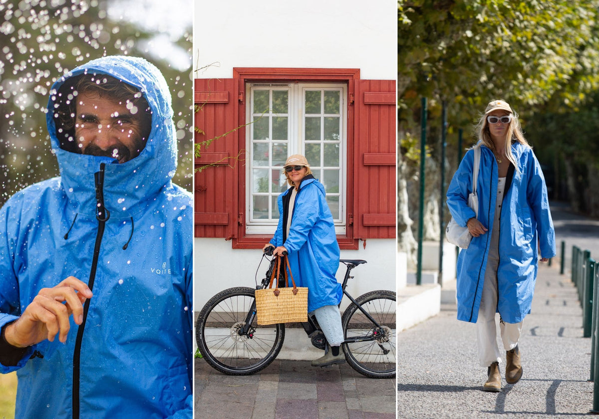 A three-panel collage showing a woman wearing a bright blue hooded Allweather coat in different outdoor settings: snow falling in the left panel, standing by a bicycle in the middle panel, and walking on a tree-lined path in the right panel.VOITED