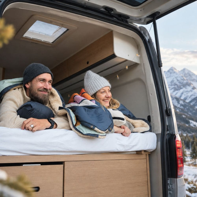 A couple lies cozily wrapped in a VOITED Cloudtouch Blanket in the bed of a campervan, smiling as they look out through the open rear doors at a snow-covered mountain landscape. AI modified