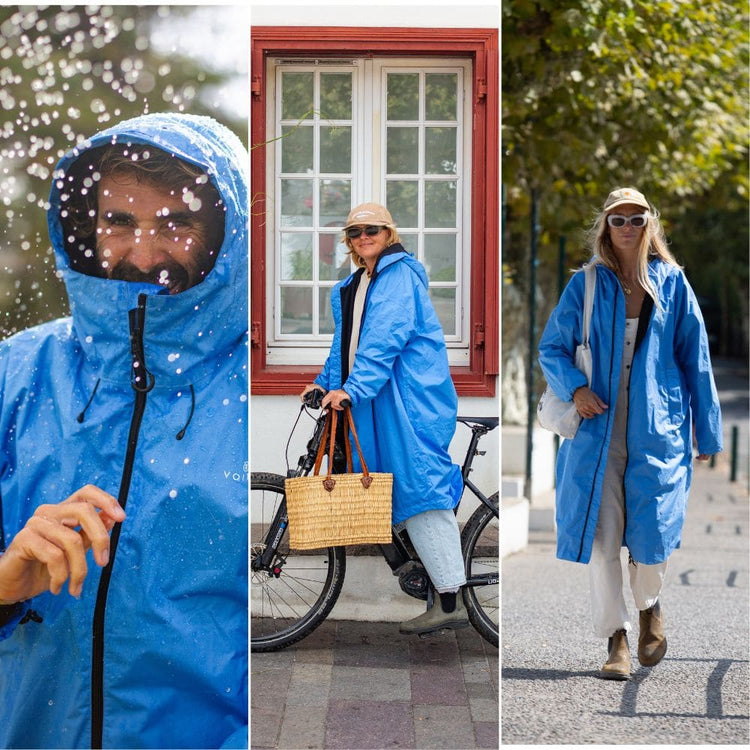 A three-panel collage showing a woman wearing a bright blue hooded Allweather coat in different outdoor settings: snow falling in the left panel, standing by a bicycle in the middle panel, and walking on a tree-lined path in the right panel.VOITED