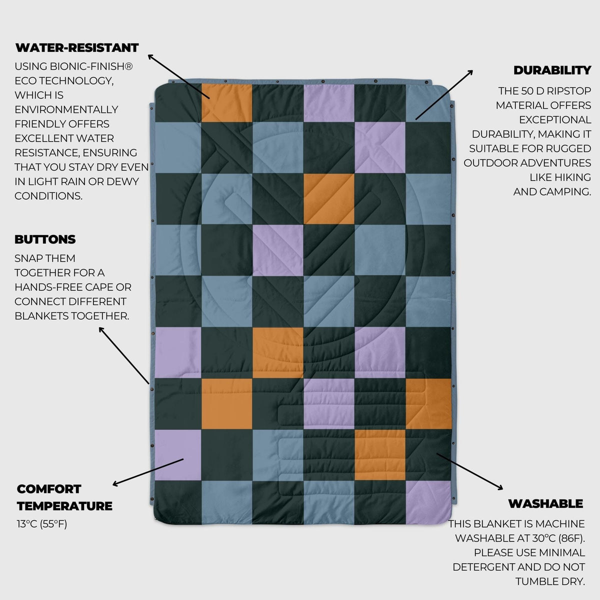 VOITED Recycled Ripstop Outdoor Camping Blanket - Cheeckers