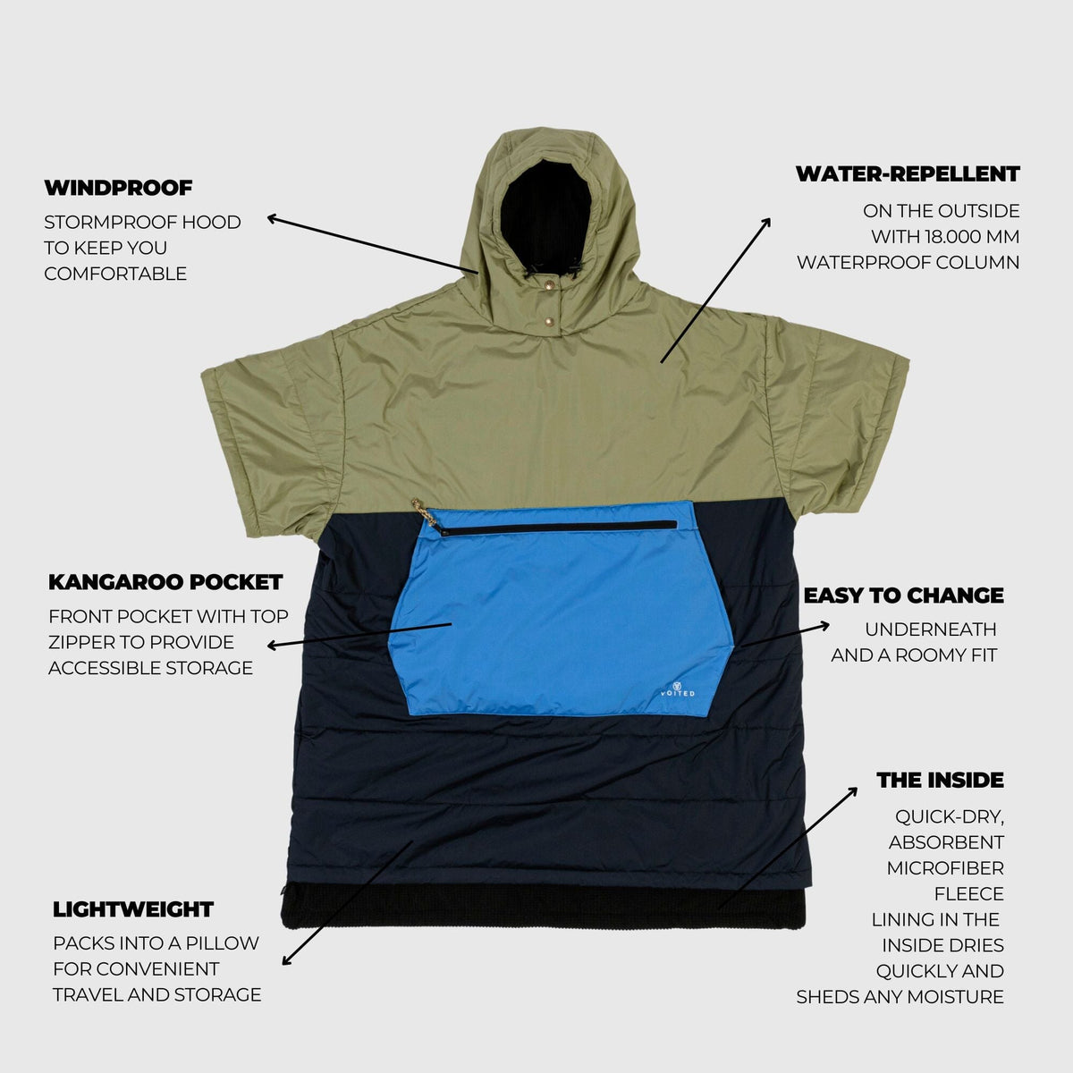 VOITED 3rd Edition Outdoor Poncho for Surfing, Camping, Vanlife & Wild Swimming - Ocean Navy/Olive