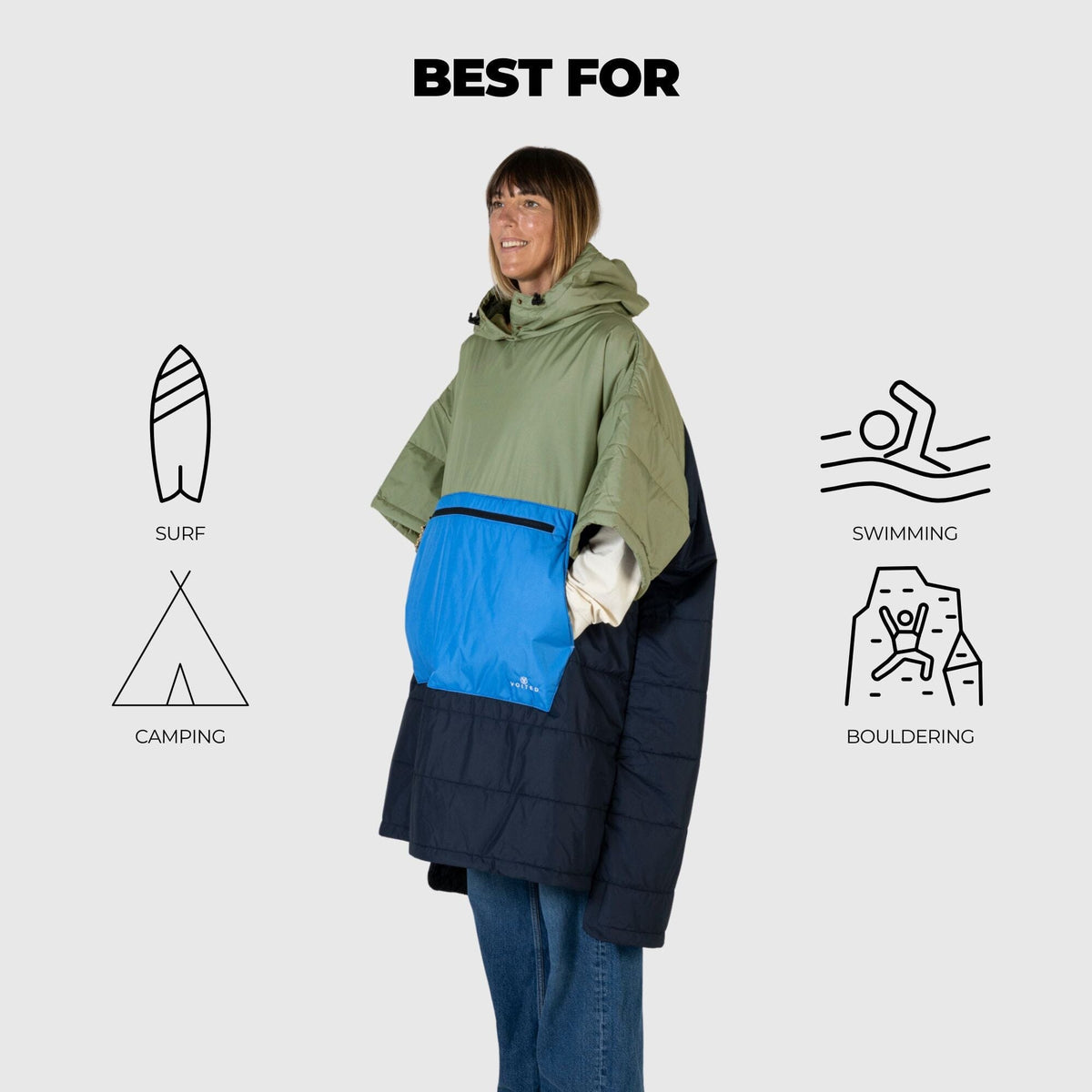 VOITED 3rd Edition Outdoor Poncho for Surfing, Camping, Vanlife & Wild Swimming - Ocean Navy/Olive
