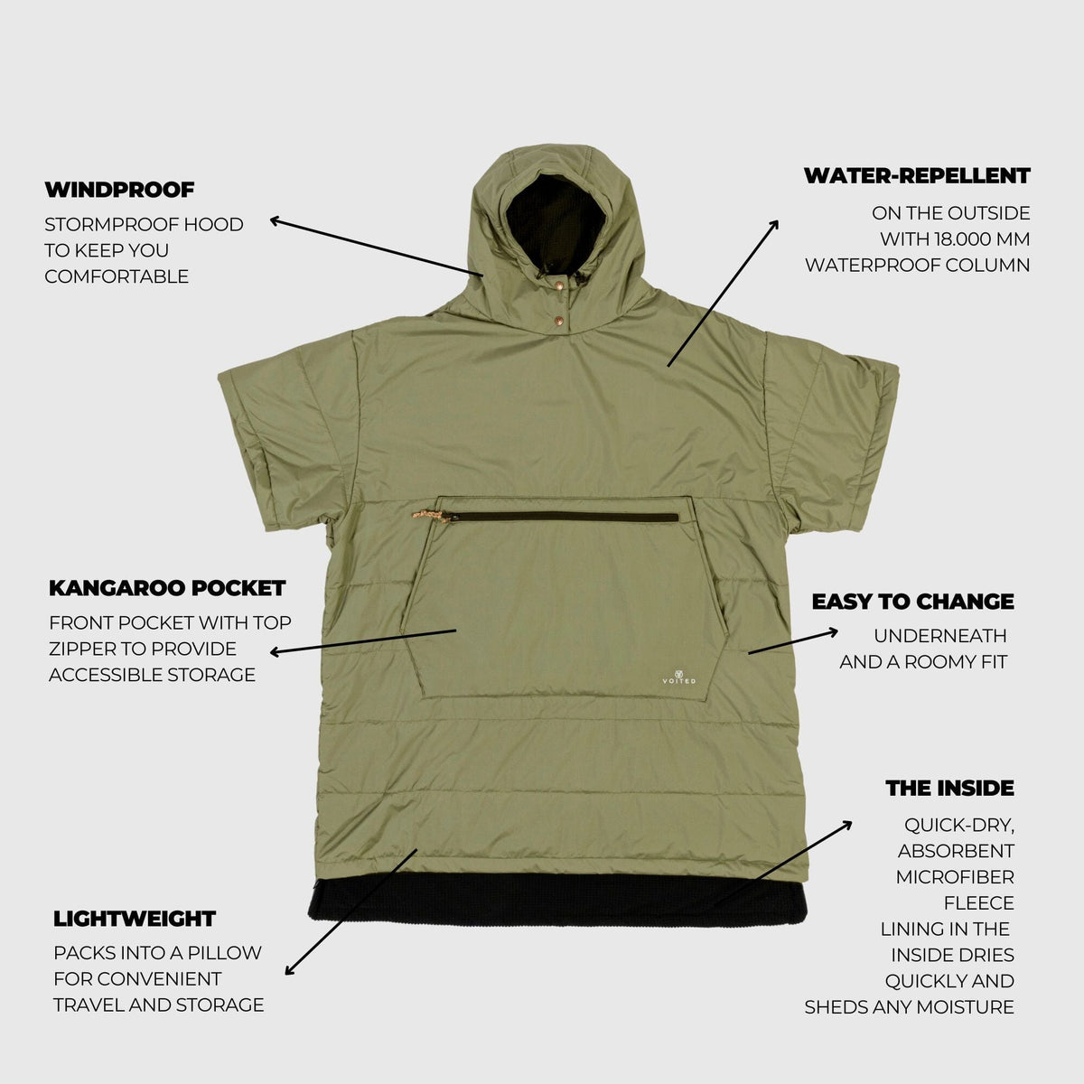 VOITED 3rd Edition Outdoor Poncho for Surfing, Camping, Vanlife & Wild Swimming - Olive