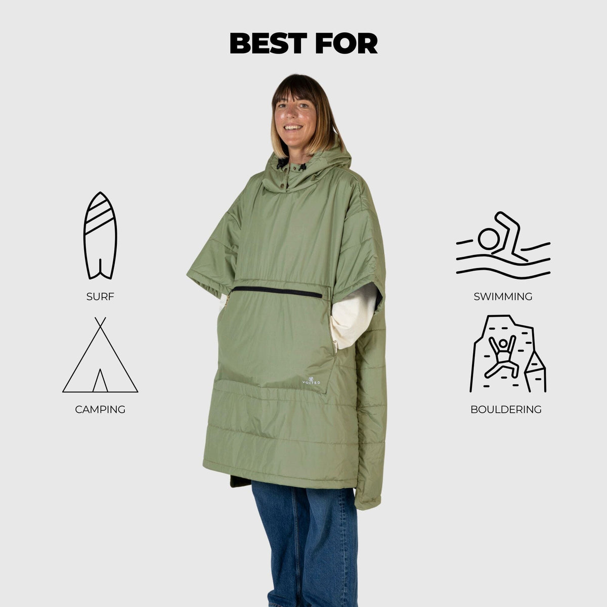 VOITED 3rd Edition Outdoor Poncho for Surfing, Camping, Vanlife & Wild Swimming - Olive