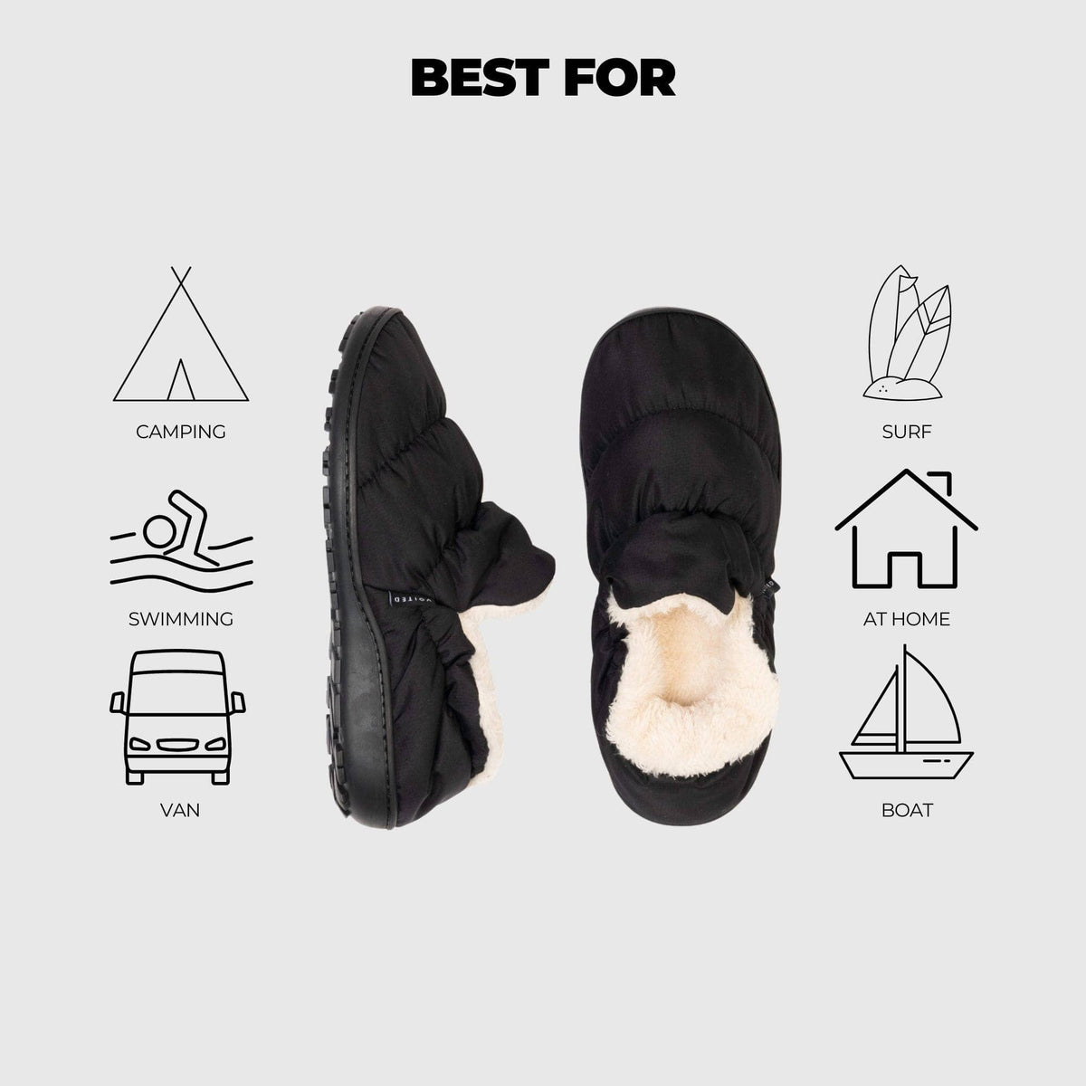 VOITED CloudTouch® Slippers - Lightweight, Indoor/Outdoor Fleece-Lined Camping Slippers - Black
