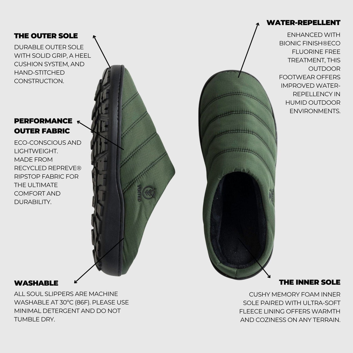 VOITED Soul Slipper - Lightweight, Indoor/Outdoor Camping Slippers - Tree Green