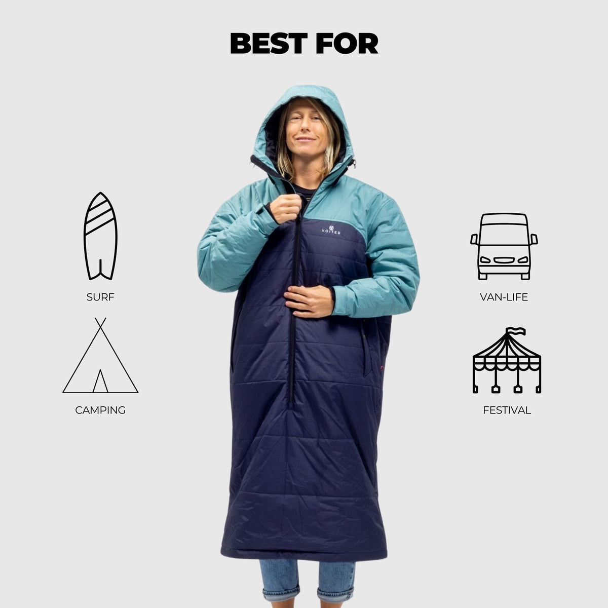 VOITED Premium Slumber Jacket for Camping, Vanlife & Indoor - Arcticblue / Graphite / Dustysand